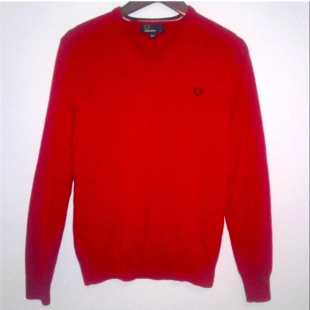 Fred Perry Merino Wool cotton blend Men's Sweater Size S Red V-neck Pullover